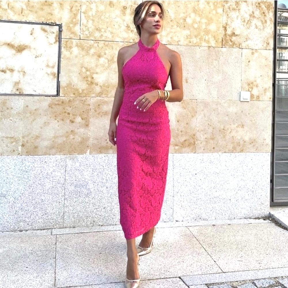 Zara *  Pink Lace Halter Midi Dress Size S and L - Picture 12 of 16